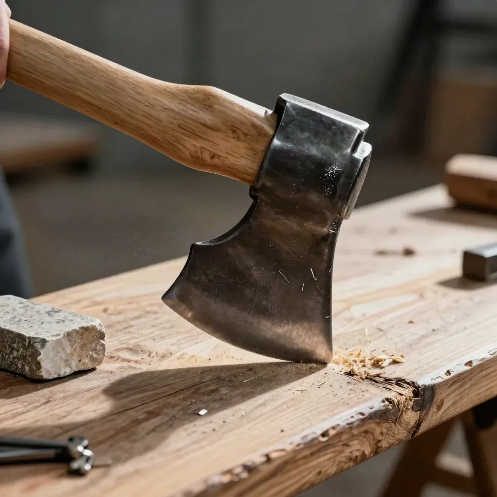 A camp axe with a bright bevel beside a dressing stone and cedar block on a timber bench.