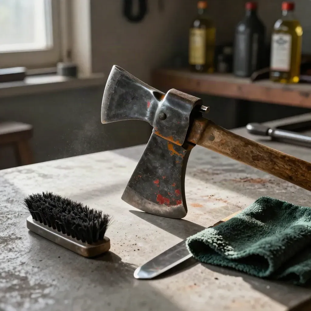 Hatchet restoration still life with brush, rag, and cleaned steel head on concrete.