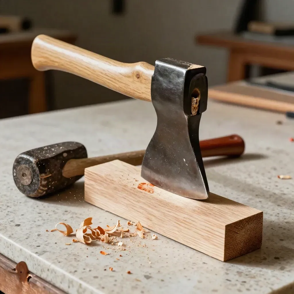 Hickory axe handle wedged into a restored axe head on a bench with shavings and mallet.