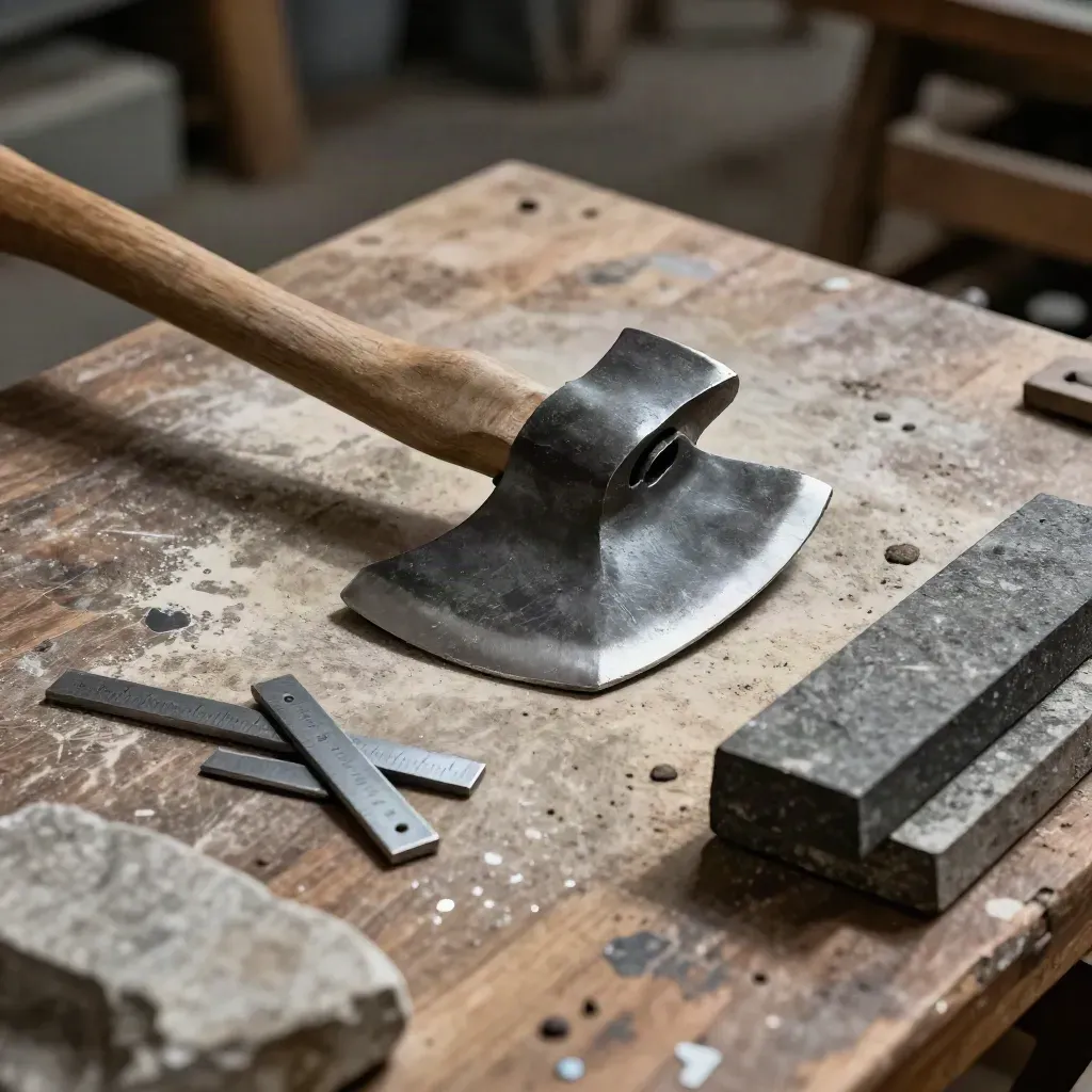 Axe head with custom grind beside sharpening stones and steel angle blocks on a dusty workbench.