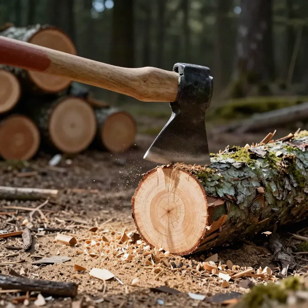 A sharpened logger axe bites a green cedar log amid fresh chips and sawdust.