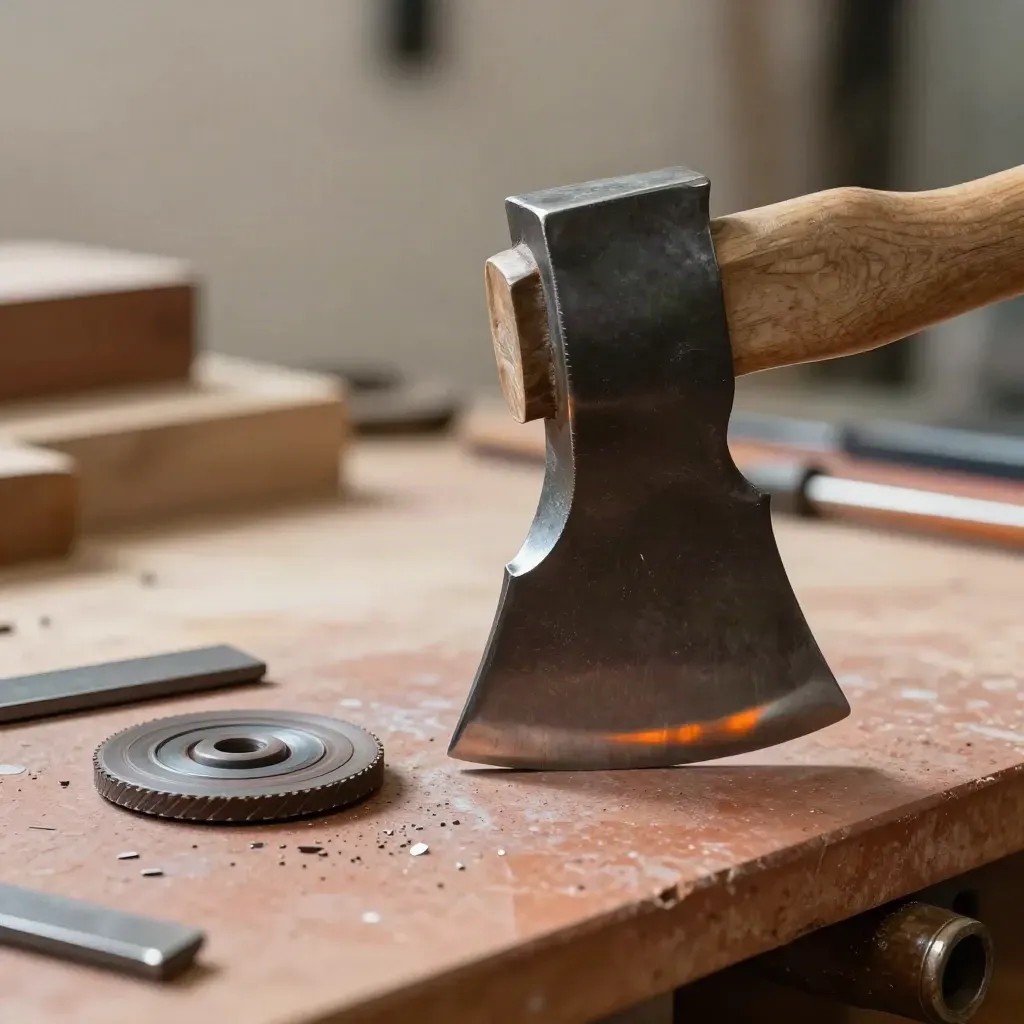 Custom-ground logger axe head with samples and worn grinding wheel on a terracotta bench.