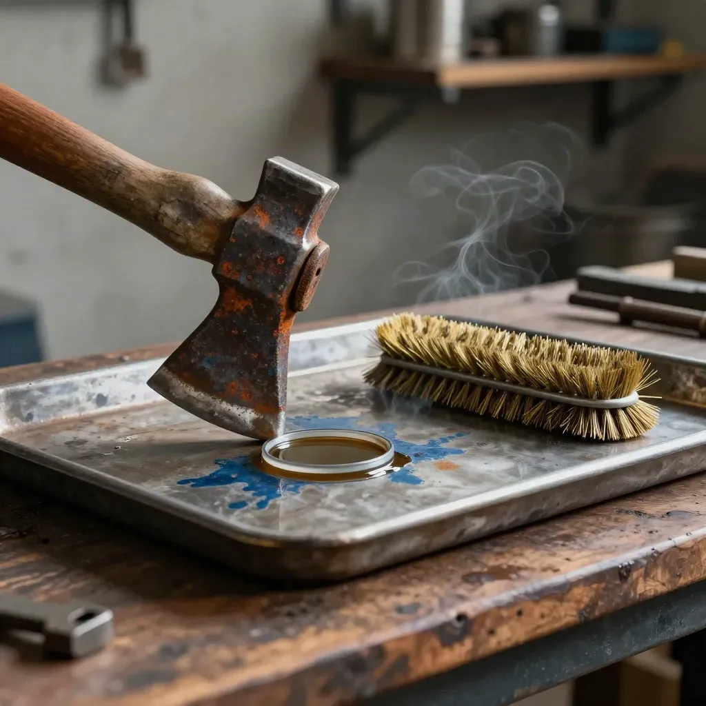 Rusty hatchet eye, wire brush, and oxide-stained tray in a dim sharpening workshop.