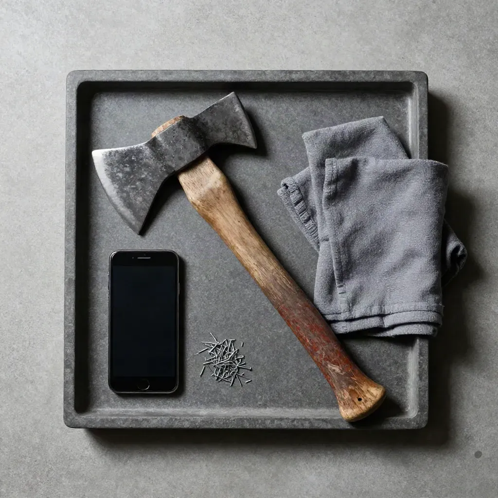 Overhead still life of a weathered axe, dark phone, and steel filings on stone tray
