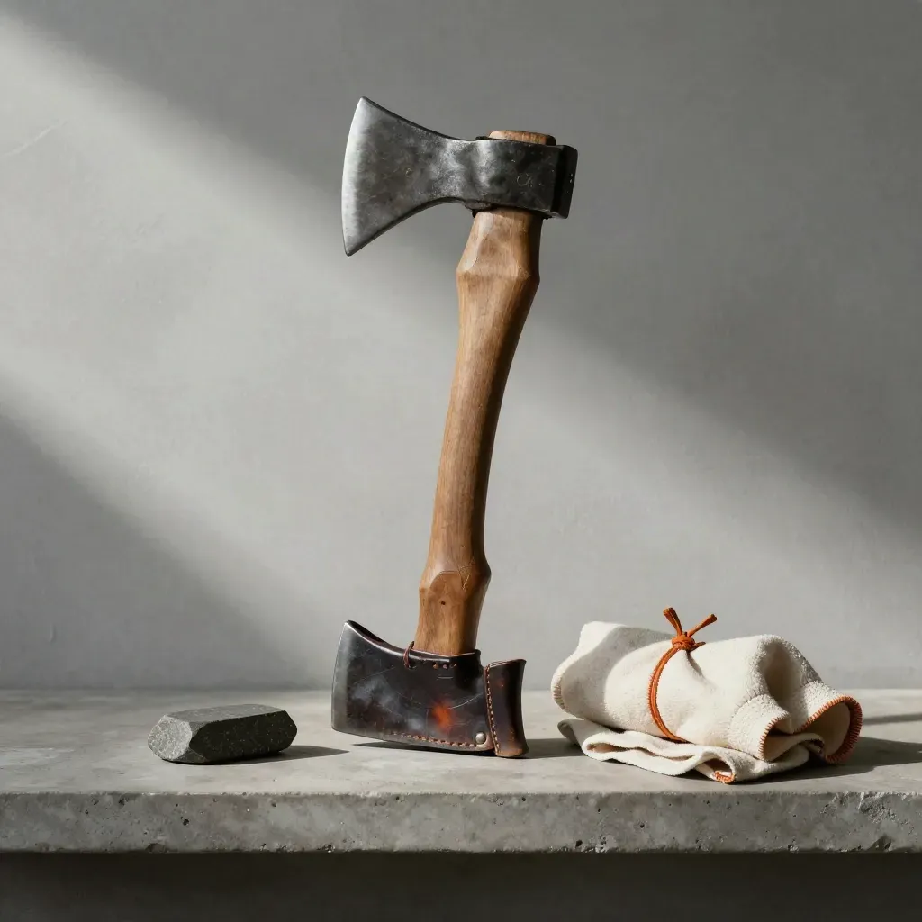 Finished axe in a leather sheath beside stone and cotton wrap on concrete.