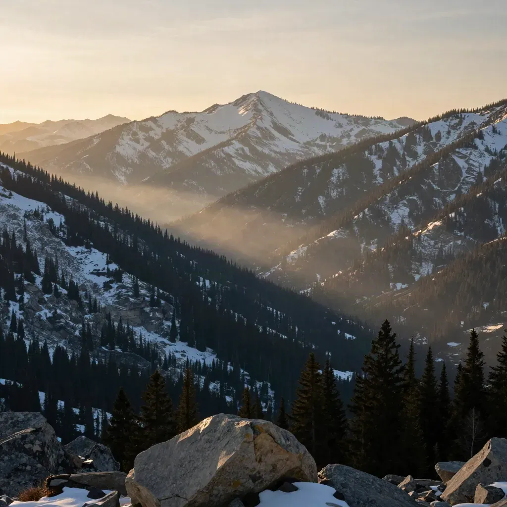 Northern Rockies ridge above pines and hazy valleys at golden hour