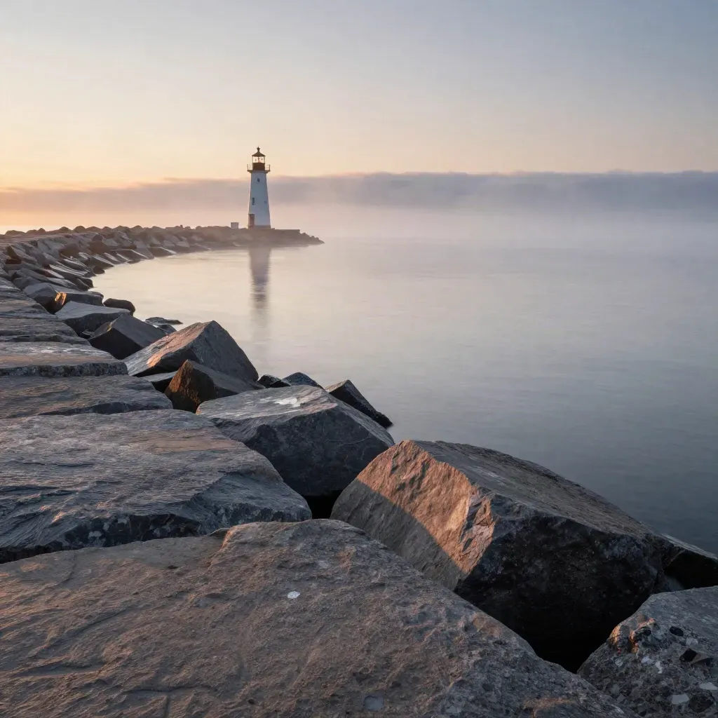 Foggy Great Lakes shoreline with lighthouse, stone breakwater, and sunrise mist over glassy water