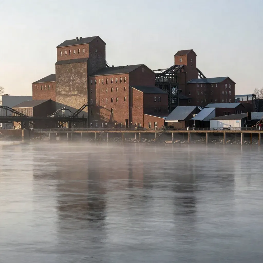 Misty Upper Midwest mill district across a calm river at dawn